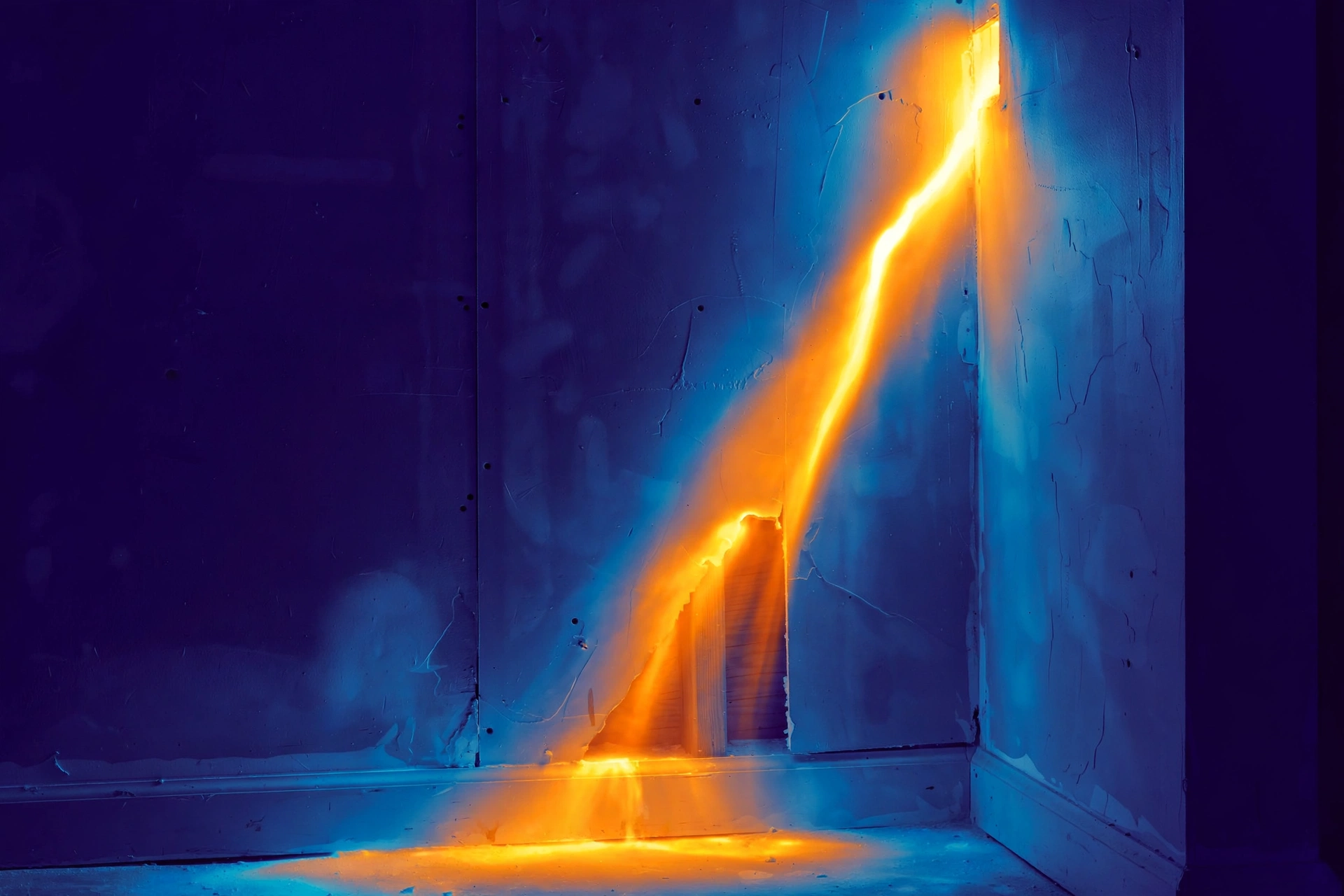 Interior wall shown in thermal camera false-color with orange heat streak revealing a hidden water leak